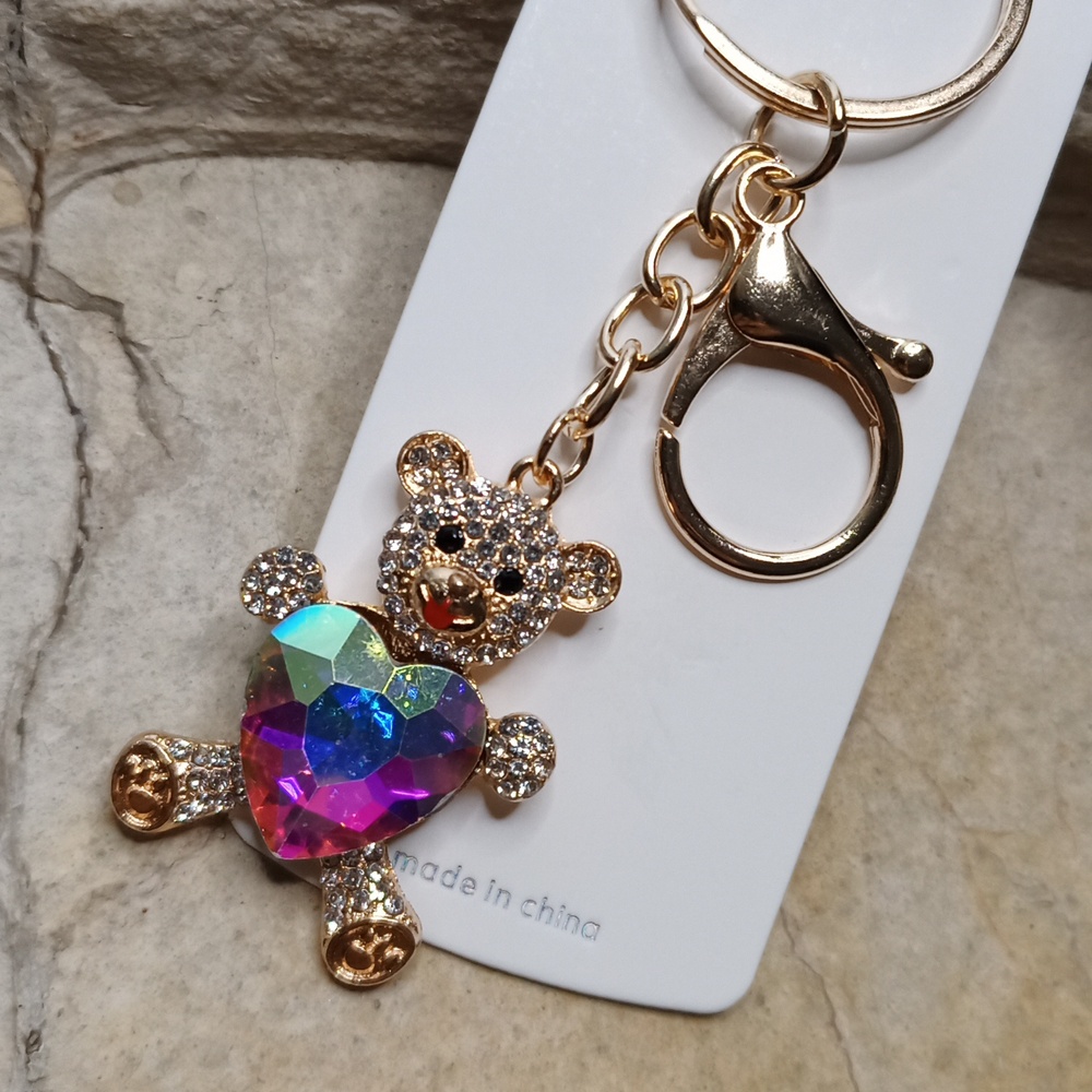 Gold Teddy Bear Key Holder with Multicolor Heart FREE SHIPPING
